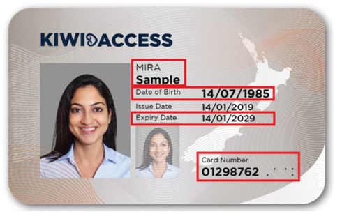 A Kiwi Access Card showing the required information for a My Health Account application.