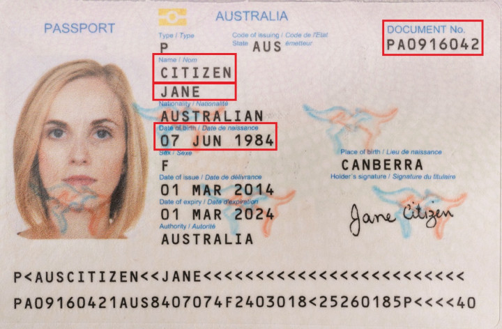 An Australian passport showing the required information for a My Health Account application.