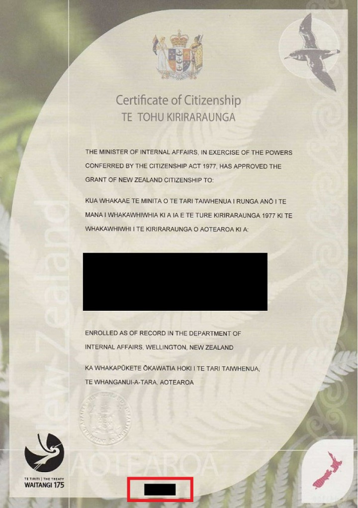A New Zealand citizenship certificate showing the required information for a My Health Account application.