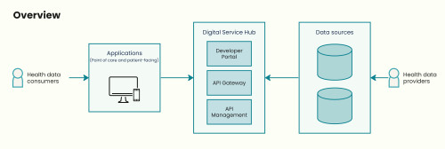 flowchart health data consumers, application, digital service hub and data services