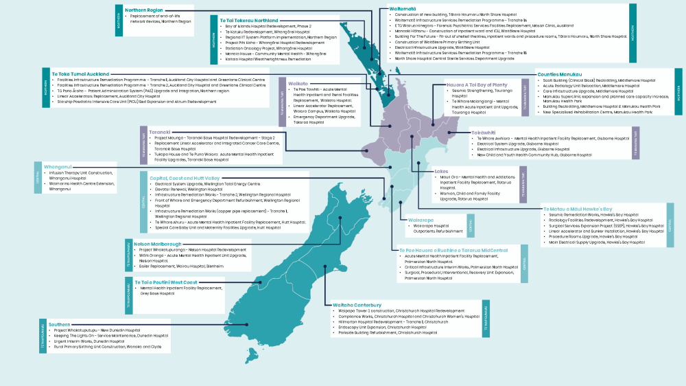 Map of NZ showing Health Capital Envelope (HCE) funded projects as at September 2023