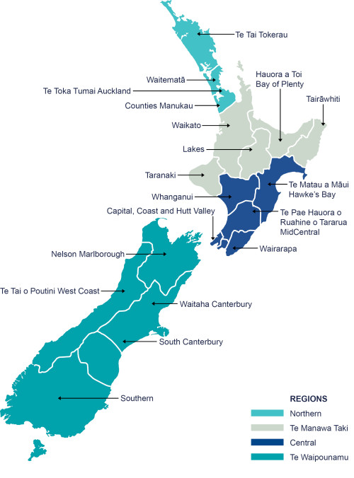 Map of the public health regions in New Zealand