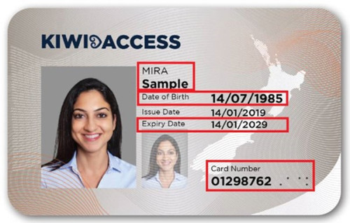A Kiwi Access Card showing the required information for a My Health Account application.