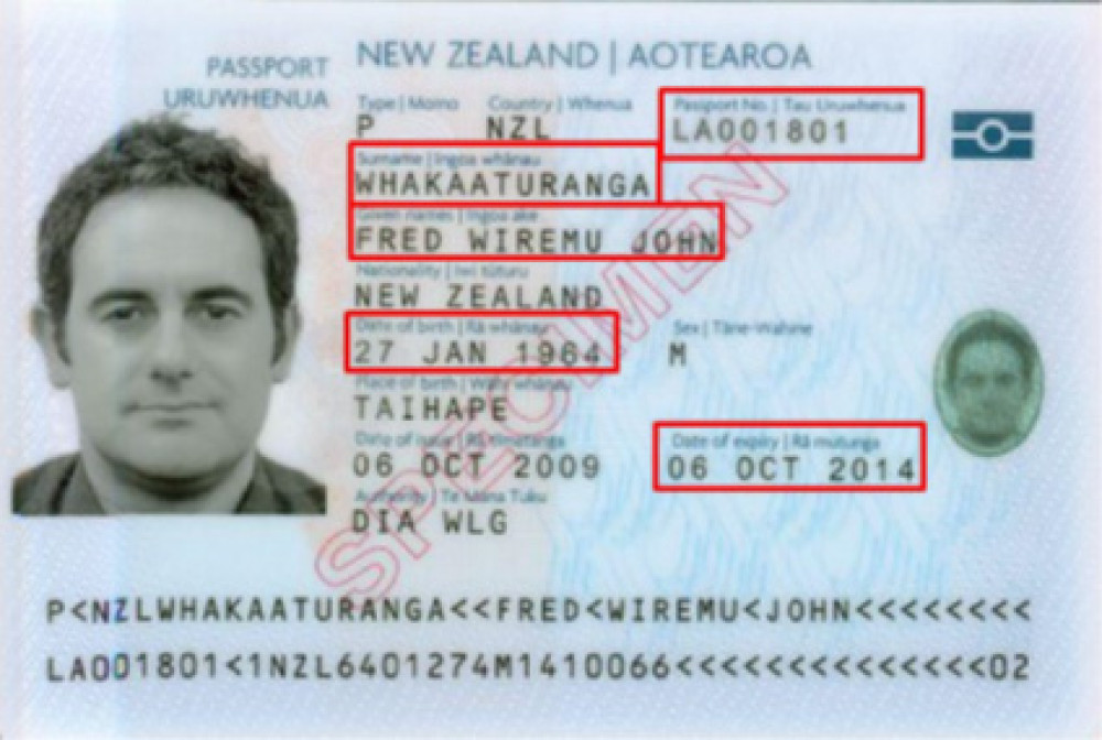 A New Zealand passport showing the required information for a My Health Account application.