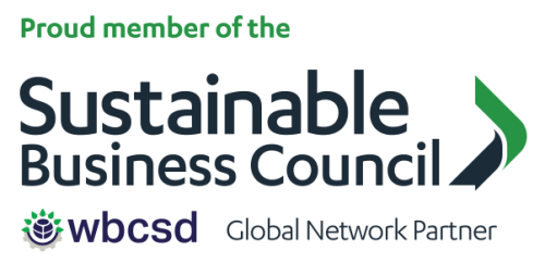 Gree, blue and purple logo with the words 'Proud member of the Sustainable Business Council - WBCSD Global Network Partner'