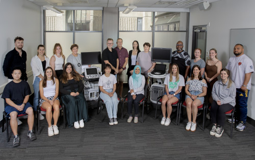 Faculty of Medical and Health Sciences, the University of Auckland (FMHS) staff, Health New Zealand | Te Whatu Ora interim National Chief Allied Health, Scientific and Technical Lead, Sue Waters (back row, 5th from right) and cardiac sonography students