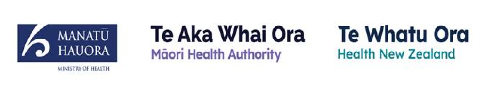 Logos for Manatū Hauora, Ko Te Aka Whai Ora and Te Whatu Ora