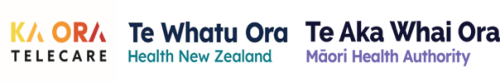 Logos for Kiaora telecare, Te whatu Ora and Te Aka Whai Ora